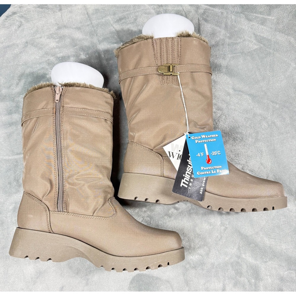Predictions Boots Womens 8W Wide Taupe Faux Fur Trim Winter Snow Zip